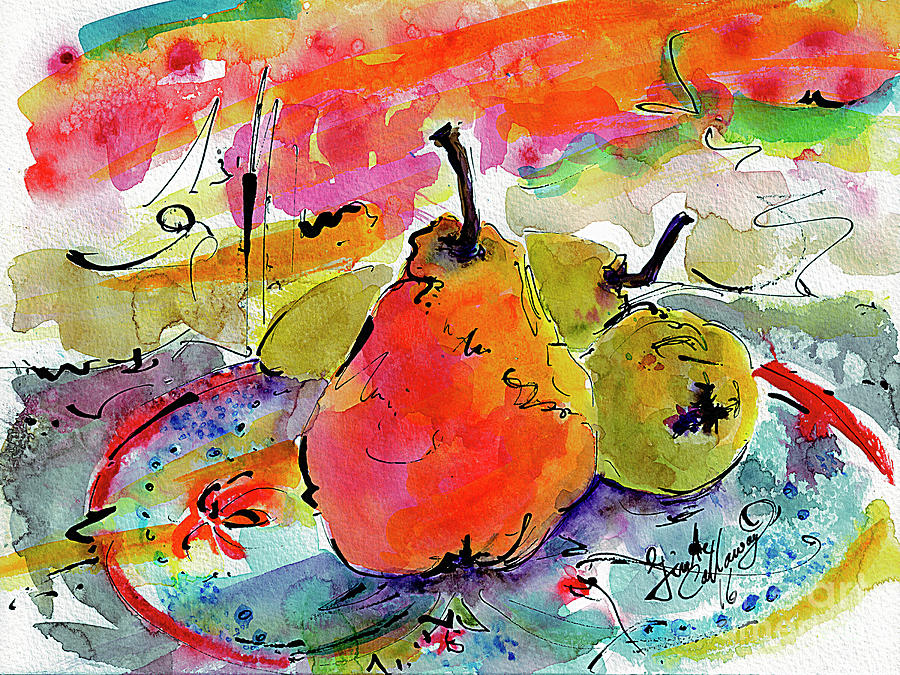 900x675 French Pears Watercolor And Ink Whimsical Art Painting By Ginette