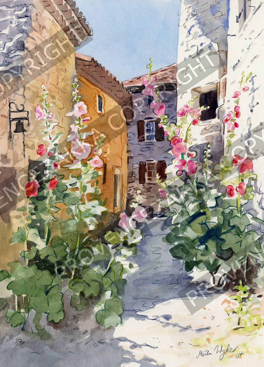 850x1184 Eze Alley, France, Water Color Painting, Signed Print Provence
