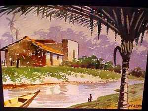 300x225 Vintage Spanish Hacienda River Boat Palm Tree Framed Watercolor