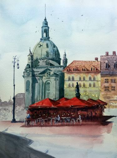 375x504 Watercolor Cityscape Spanish Plaza Painting By Jayesh Raut