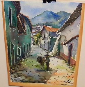 292x300 Dizal Man And His Mule Spanish Landscape Original Watercolor