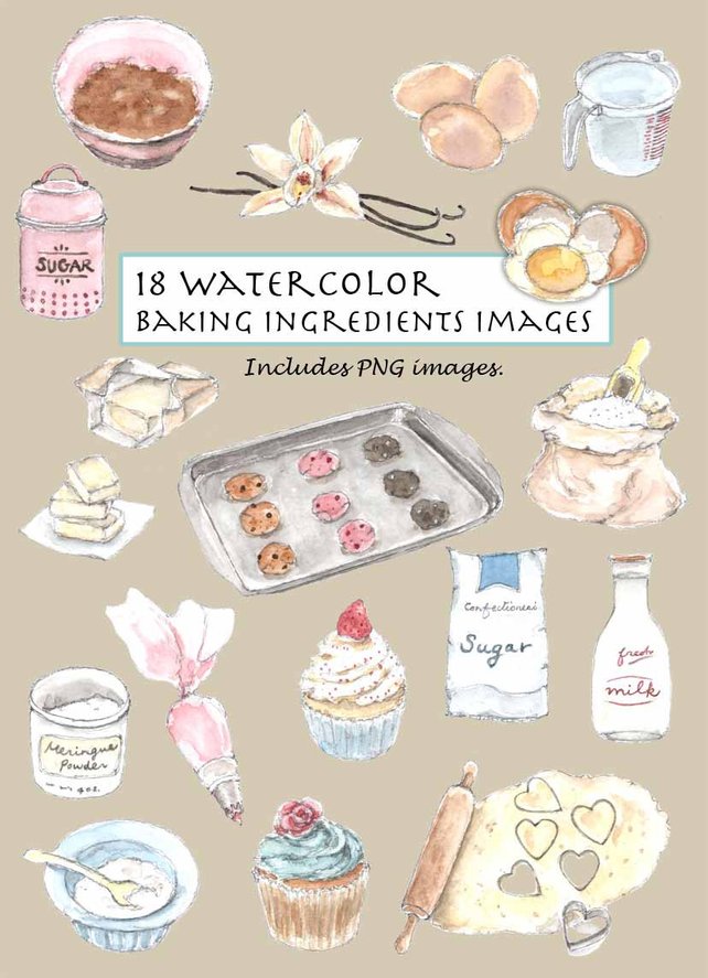 642x887 Clip Art Watercolor Vintage Baking Ingredients Set. 18 Etsy
