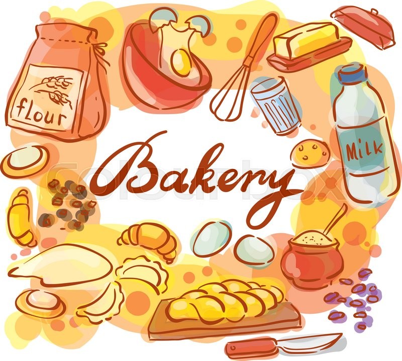 800x718 Watercolor Sketch Set For Baking Ingredients Stock Vector