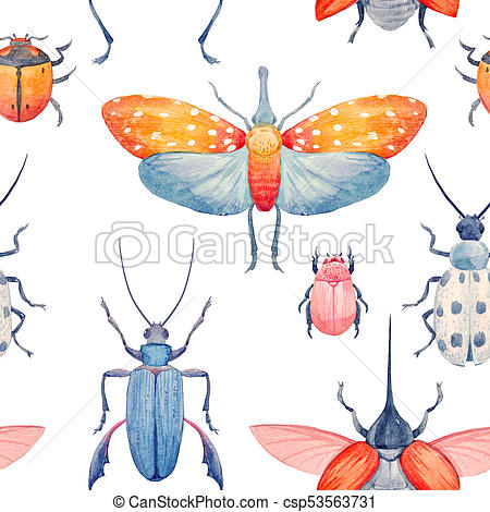 450x470 Watercolor Beetle Pattern. Beautiful Pattern With Hand Drawn