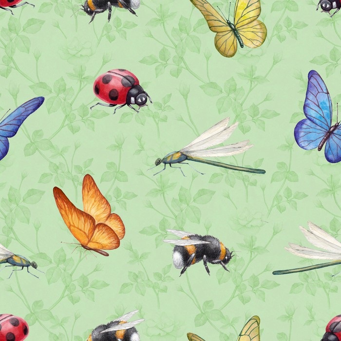 700x700 Watercolor Insects Illustrations. Seamless Pattern Wall Mural