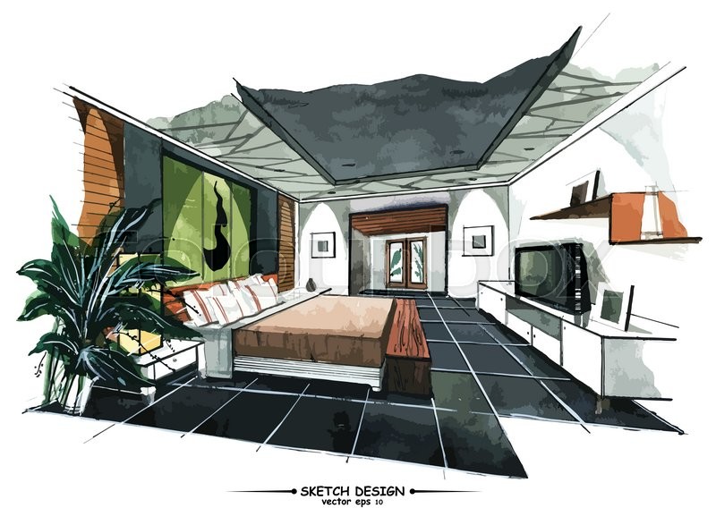 800x587 Vector Interior Sketch Design. Watercolor Sketching Idea On White