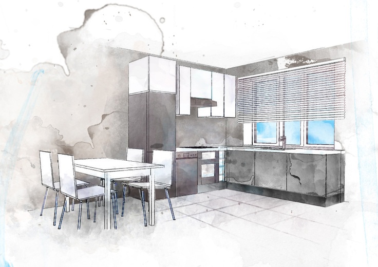 736x520 Kitchen Sketch Interior Design Watercolor Croquis
