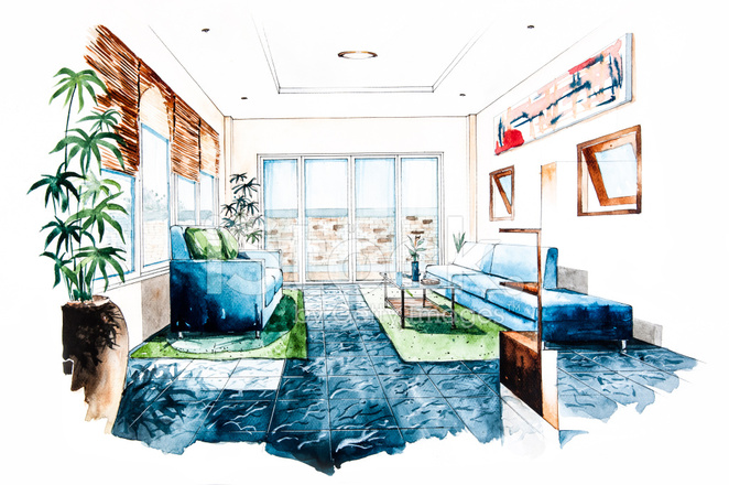 662x440 Living Room Design Of Watercolor Painting Stock Photos