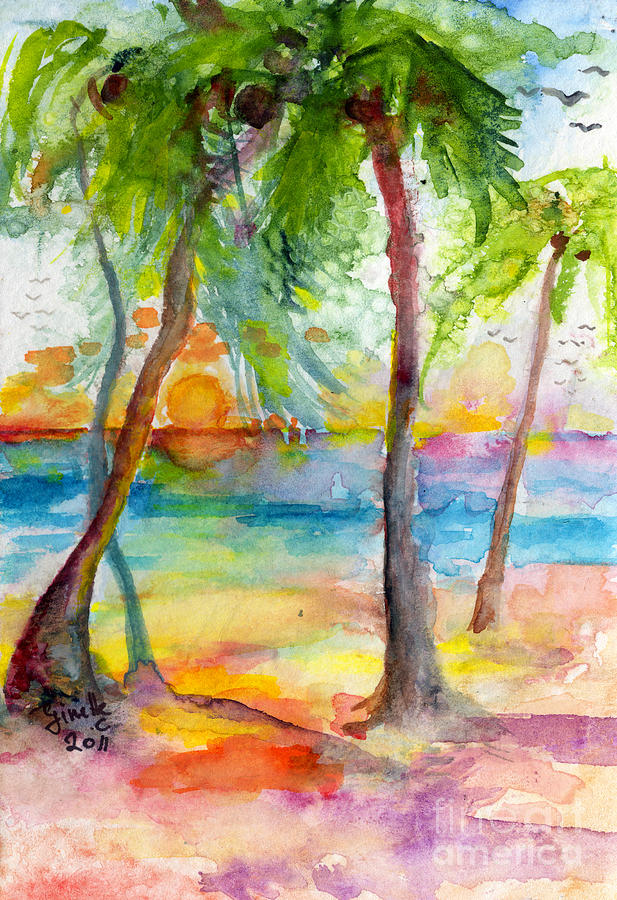 617x900 Pink Sands And Palms Island Dreams Watercolor Painting By Ginette