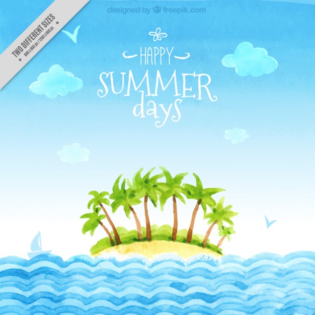 626x626 Watercolor Idyllic Landscape With An Island Background Stock