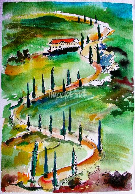 455x650 Tuscany Italy Landscape Winding Roads Watercolor By Ginette Callaway