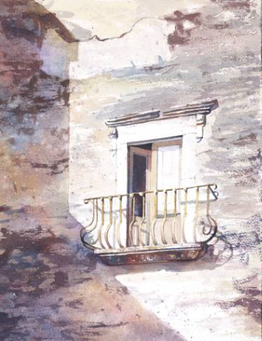 375x487 Watercolor Painting Of Exterior Door And Balcony On Weathered