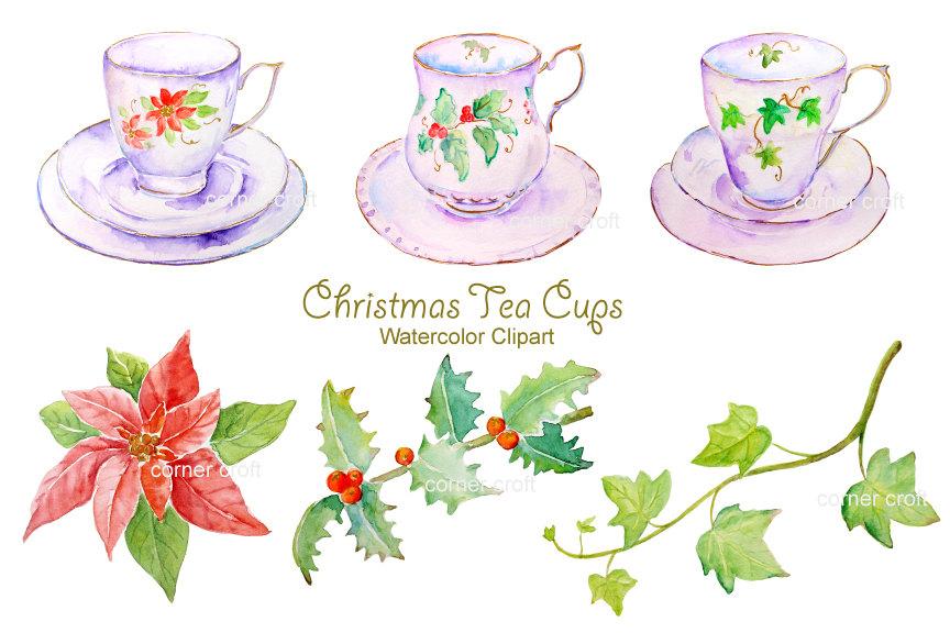 864x576 Watercolor Clipart, White Christmas Tea Cup Instant Download
