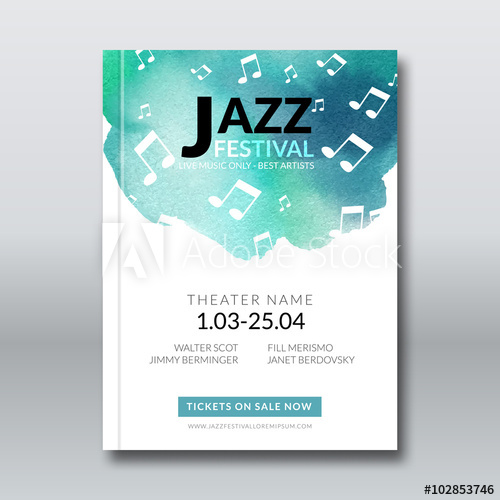 500x500 Jazz Music Vector Poster Templates Set. Hand Drawn Watercolor