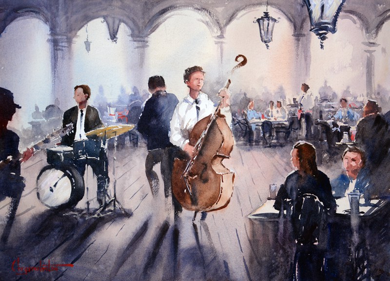 800x577 Jazz Player Band Watercolor Art Chrysovalantou Mavroudis