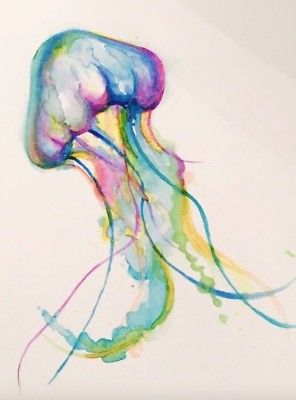 296x400 Original Colorful Hand Painted Watercolor Jellyfish. Extremely