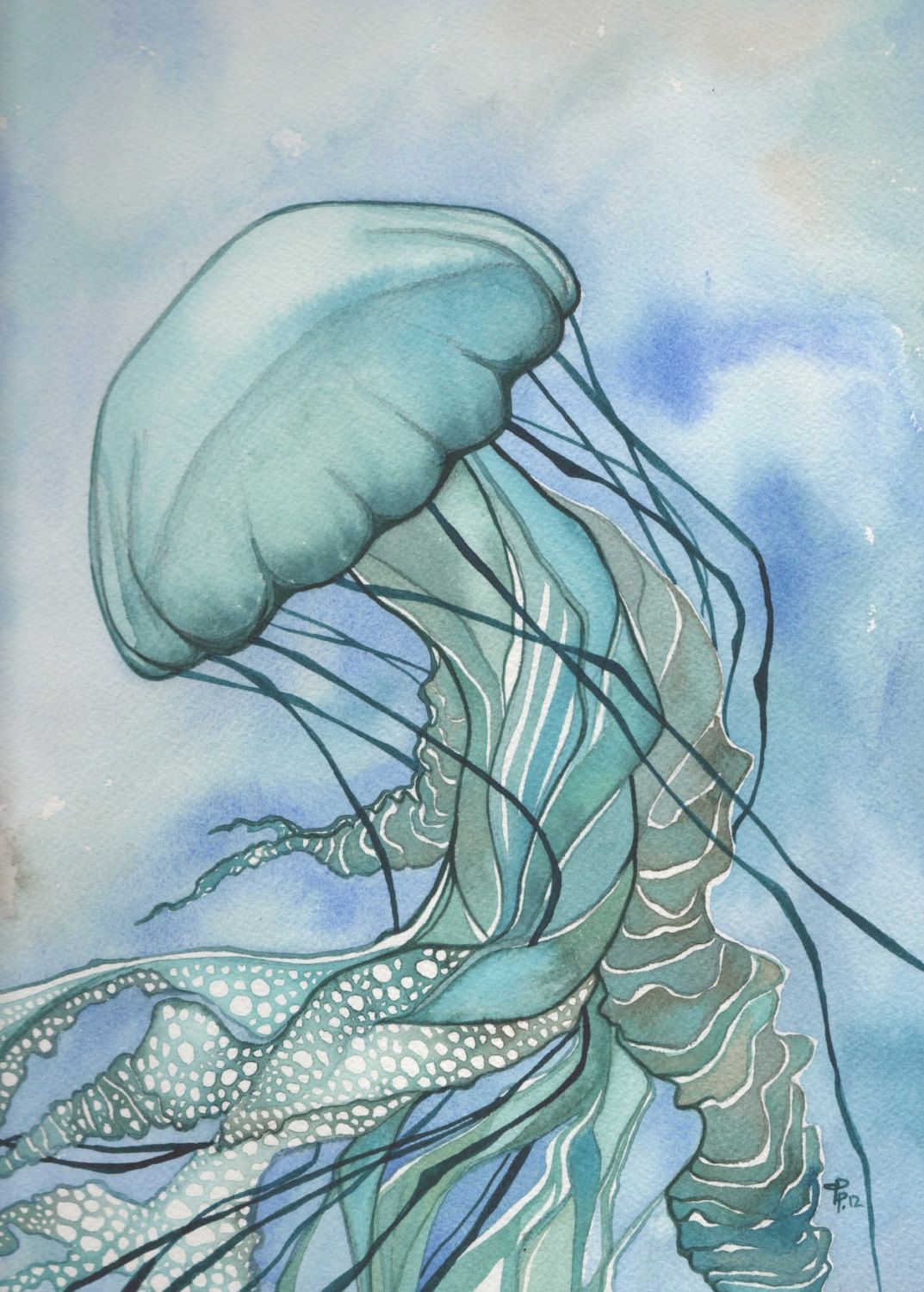 1073x1500 Turquoise Jellyfish 5 X 7 Print Of Detailed Watercolour Painting