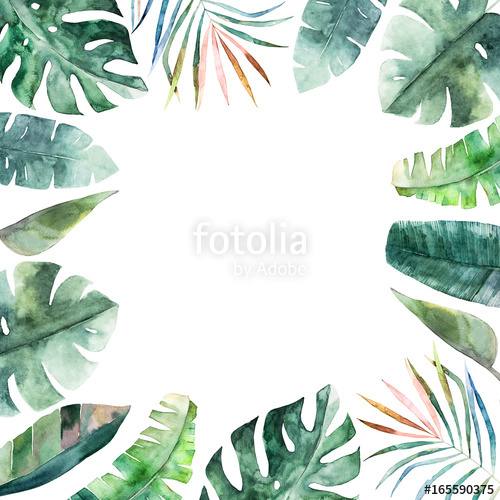500x500 Watercolor Frame With Tropical Jungle Leaves.hand Drawn Aloha