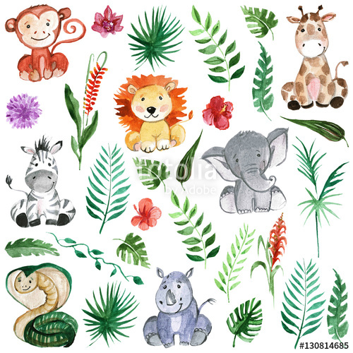 500x500 Watercolor Jungle Friends Animals, Africa, Tropical Leaves Stock