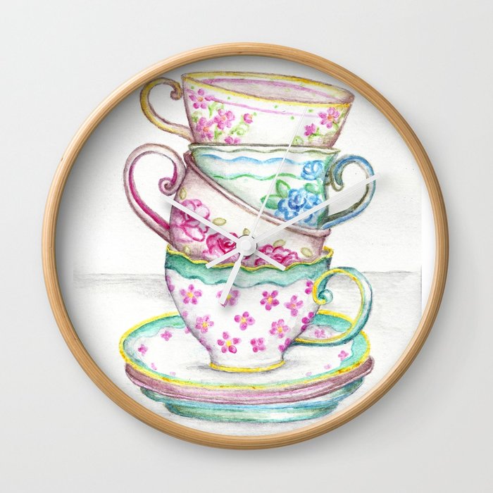 700x700 Tea Cup Art Kitchen Watercolor Painting Drawing Wall Clock By