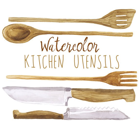 570x570 Watercolor Kitchen Utensils Clip Art Wooden Cookware Wood Etsy