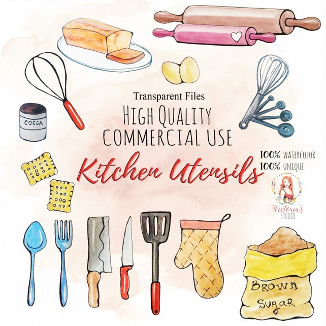 642x642 Watercolor Kitchen Utilities Pastry Cakes Cooking Etsy