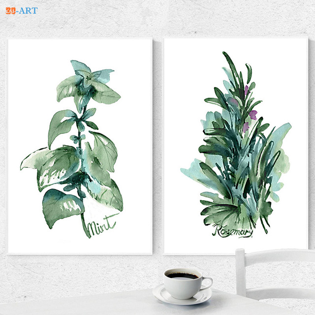 640x640 Framed Canvas Painting Herbs Kitchen Art Prints Green Leaves Mint