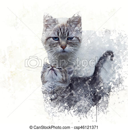 450x455 Mother Cat With Its Kitten Watercolor. Digital Painting Of Mother