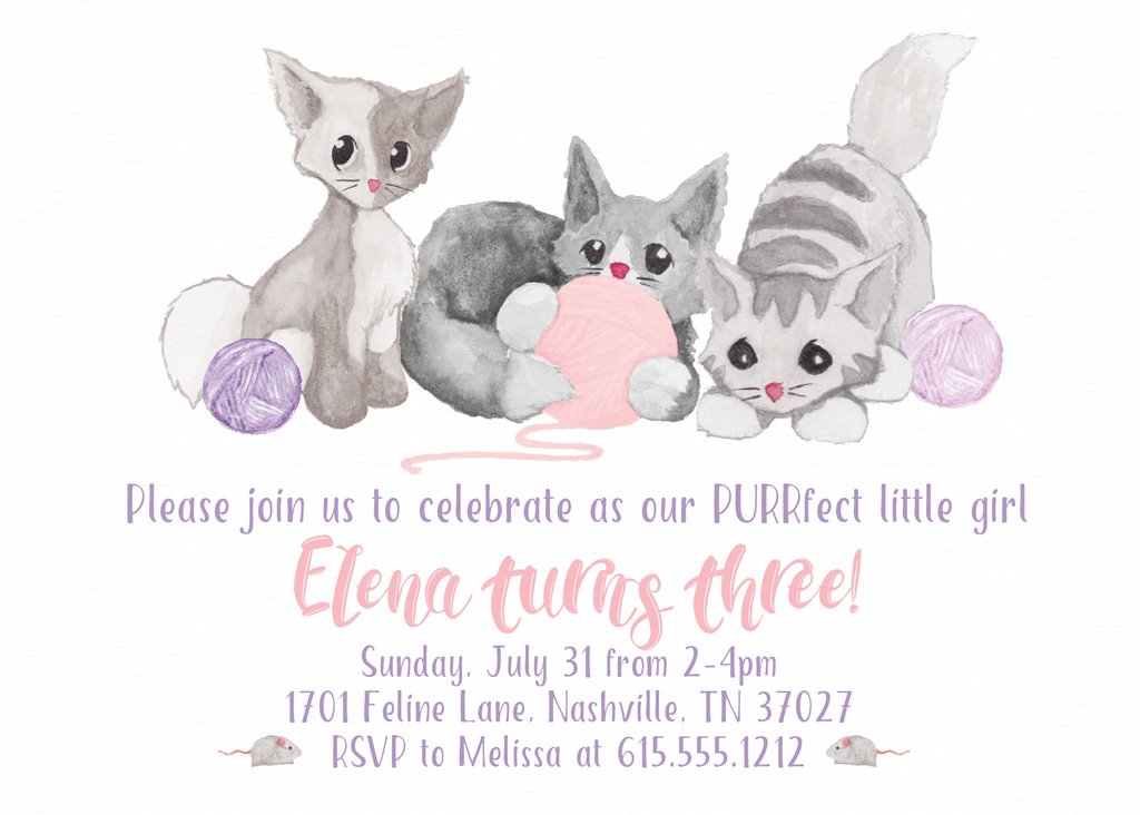 1024x732 Watercolor Kitten Birthday Invitations (Printed) Pipsy