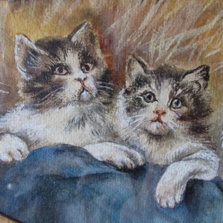 720x720 Antique Folk Art Watercolor Painting Of Kittens, Cats Neatcurios