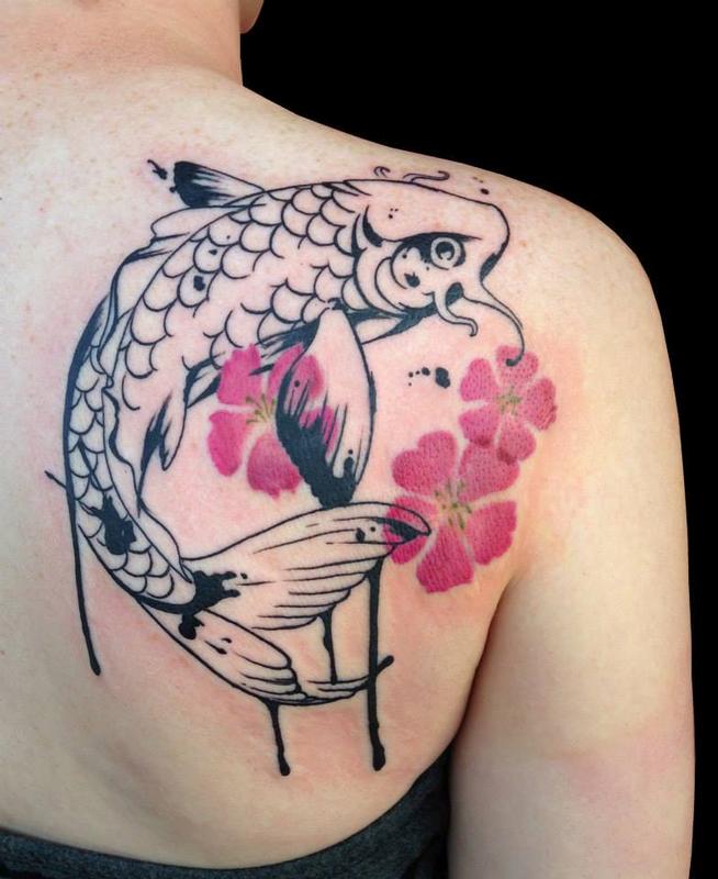 654x800 Pen And Ink Style Koi With Watercolor Cherry Blossoms By Nicole