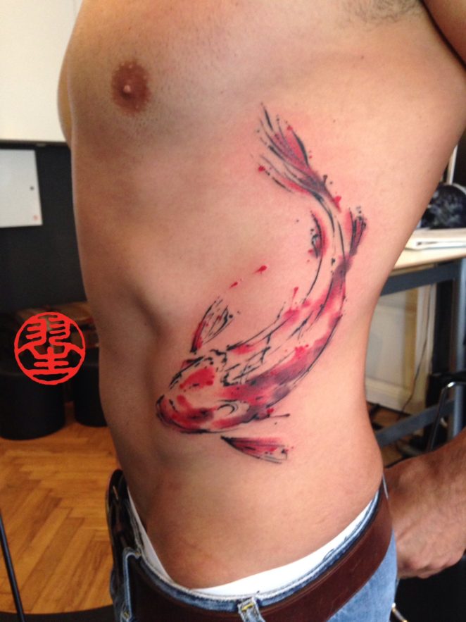 662x883 Watercolour Koi Carp Calligraphy Tattoo Ribs Habu San Philip
