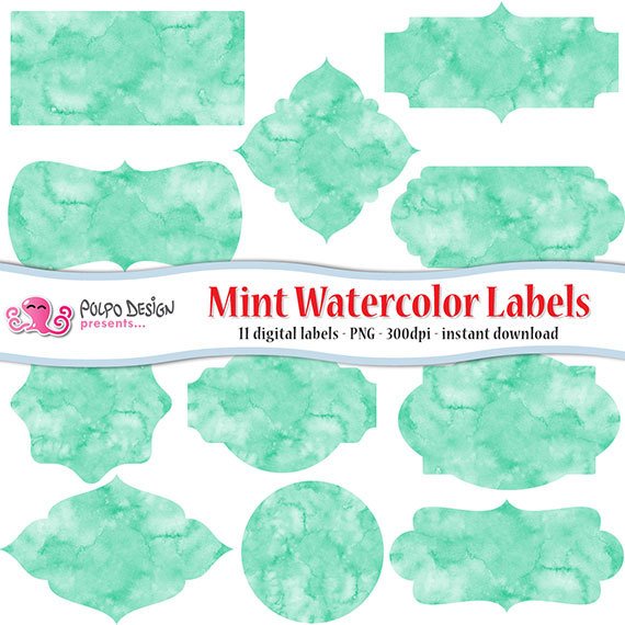 570x570 Mint Watercolor Labels Clip Art. Watercolor Frames Digital Etsy