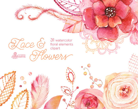 570x452 Lace Amp Flowers Watercolor Floral Diy Elements. Hand Painted Clip