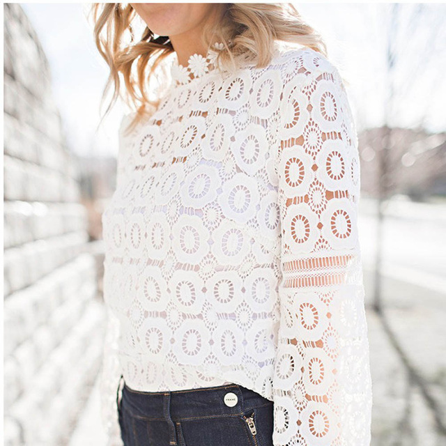 640x640 Women Retro Watercolor Long Sleeve Lace Shirt Long Tops Hollow Out