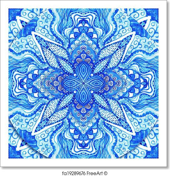561x581 Free Art Print Of Watercolor Gzhel. Doily Round Lace Pattern