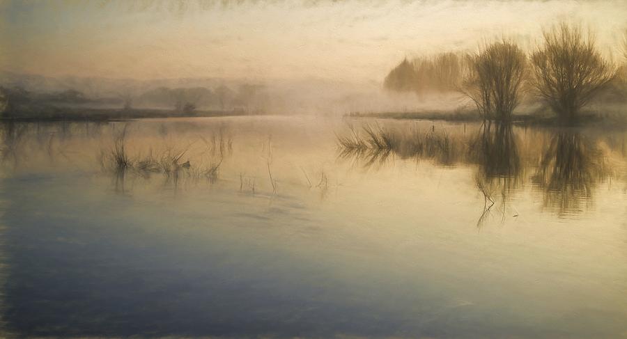 900x487 Watercolor Landscape Of Lake In Mist With Sun Glow At Sunrise