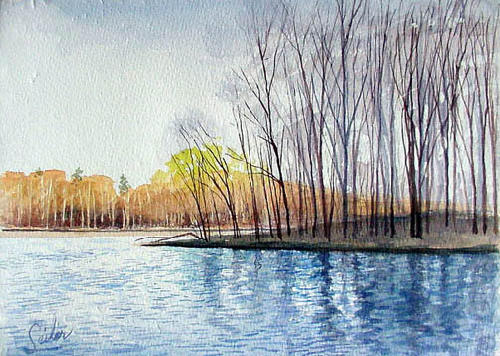500x356 Wolf Lake...brisk Fall Day...watercolor