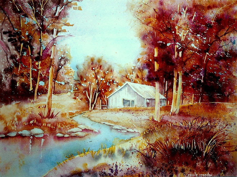 900x673 Red Maples At The Lake House Quebec Watercolor Summer Scene
