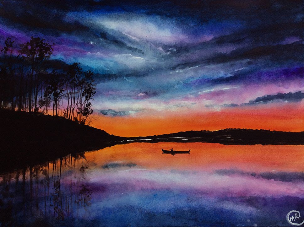 968x723 Watercolor Lake Sunset Scene Painting Demonstration