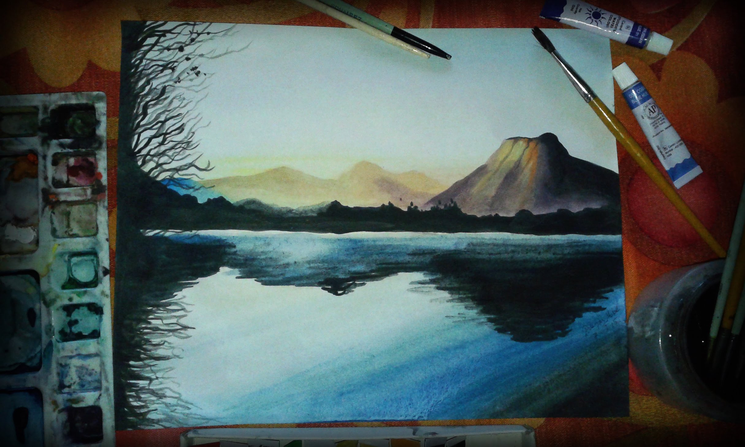 2430x1458 Drawing A Mountain Lake Scene With Water Color