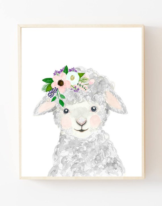 570x725 Watercolor Lamb In Grey Blush And Mint Aqua Color Woodland Etsy