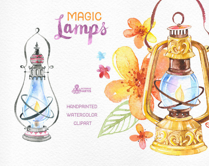 700x556 Magic Lamps. Watercolor Handpainted Clipart, Oil Lamps,