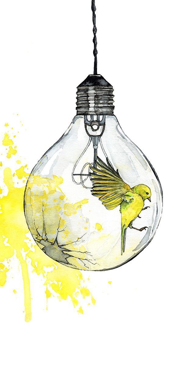 600x1200 Watercolor Painting, Light Bulb Painting, Watercolor Print, Bird