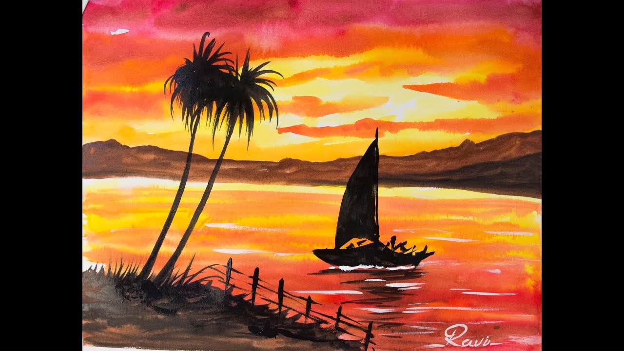 1280x720 Sunset Landscape Easy Watercolor Painting