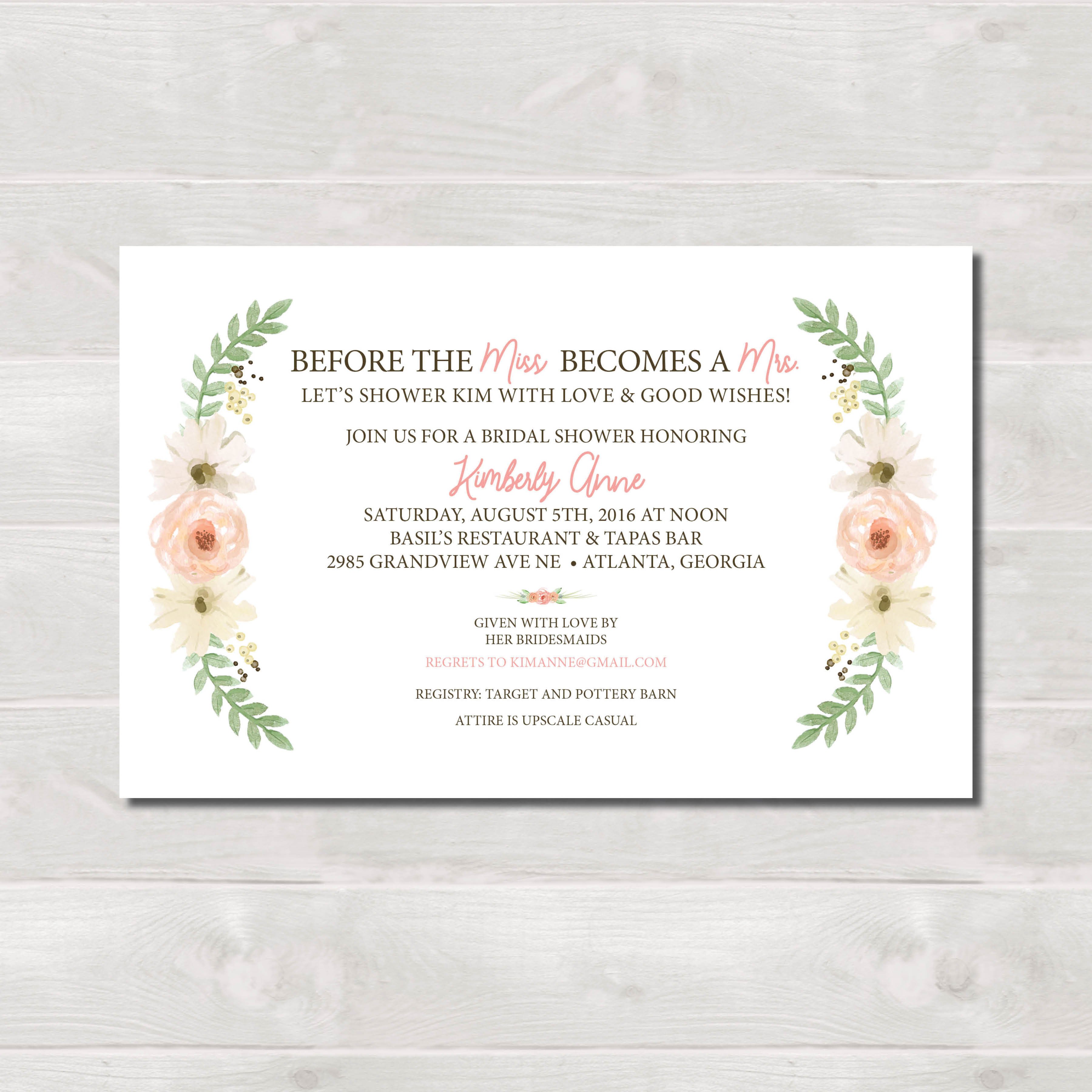 3600x3600 Party Invitation, Watercolor Laurel, A1113 The Polka Dot Press