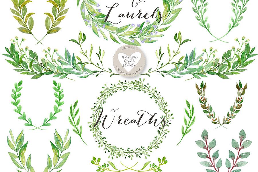 900x600 Watercolor Leaves, Laurel And Wreath Clip Arts