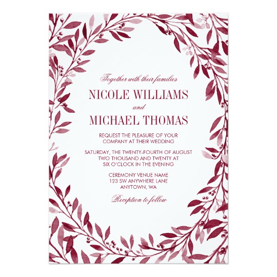 540x540 Burgundy Watercolor Laurel Wreath Wedding Invitation Zazzle.co.uk