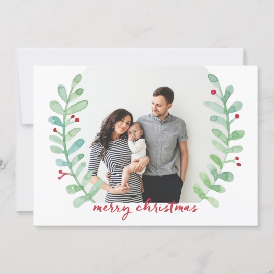 540x540 Watercolor Laurel Wreath Merry Christmas Photo Holiday Card