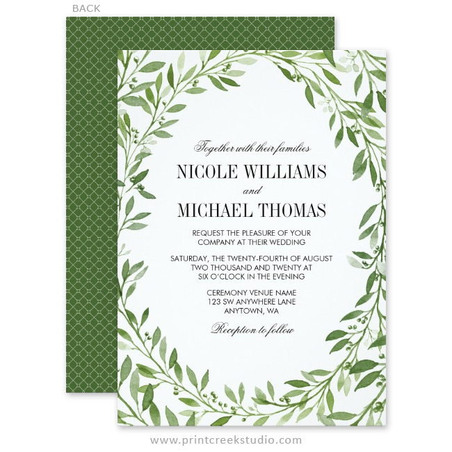 650x650 Green Watercolor Laurel Leaf Wreath Wedding Invitations